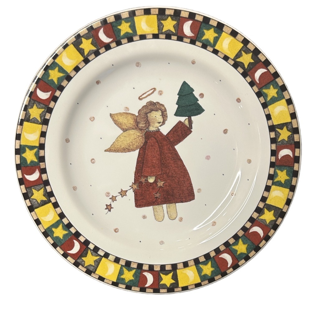 VTG Debbie Mumm whimsical country primitive Xmas angels 4 piece plates set NEW - Picture 2 of 10